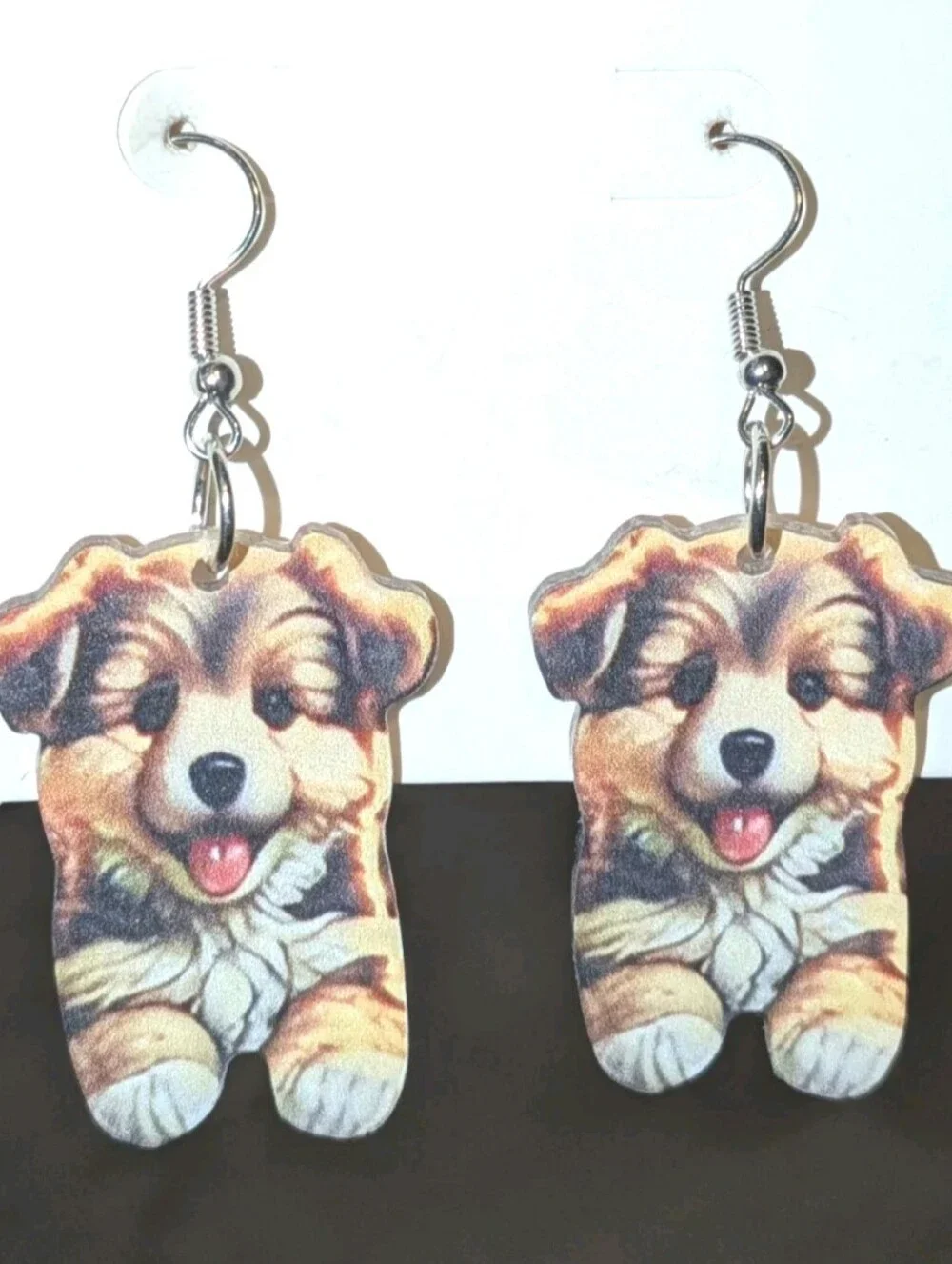 Hand Crafted Brown and Cream Puppy Dangle Earrings